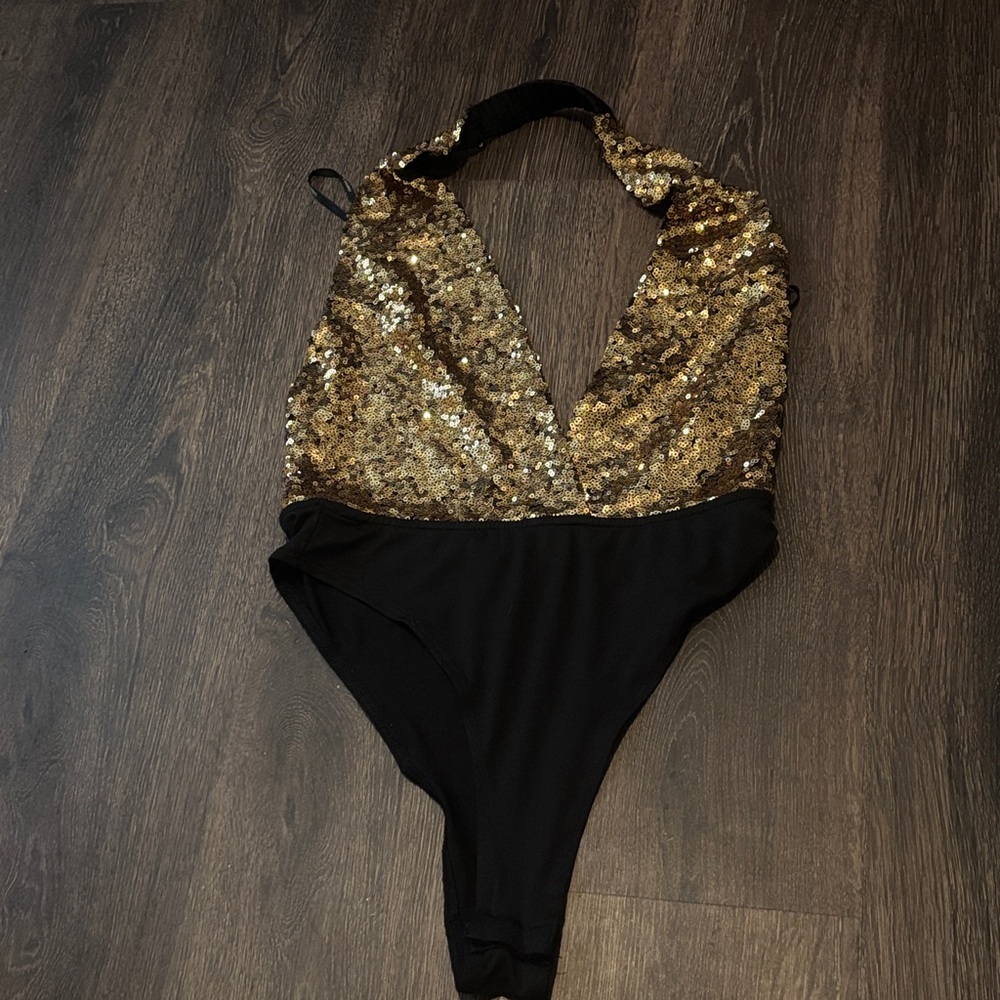 Forever 21 Black and Gold Sequin Low Cut Bodysuit